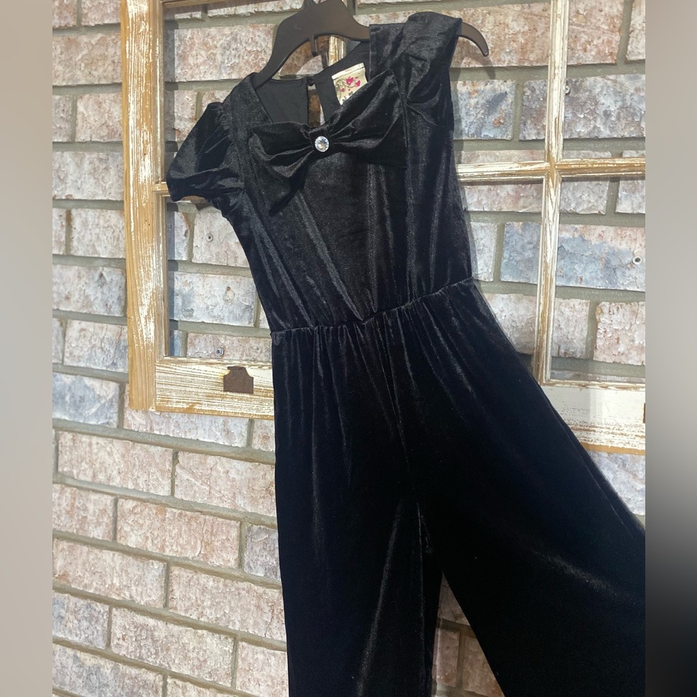 Black Velvet Jumpsuit with Bow and Crystal Accent NWT